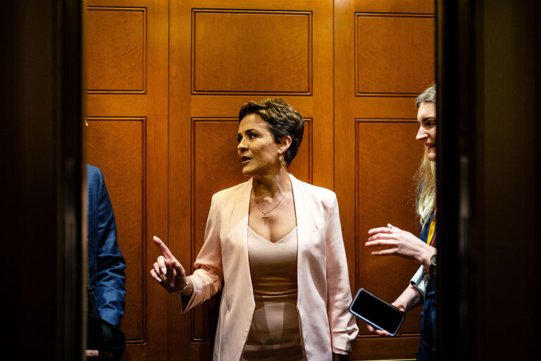 Arizona Republican Senate Candidate Kari Lake speaks with reporters after leaving the office of Senate Minority Leader Mitch McConnell (R-KY) on Capitol Hill on March, 6 2024 in Washington, DC. Sen. (Kent Nishimura/Getty Images)