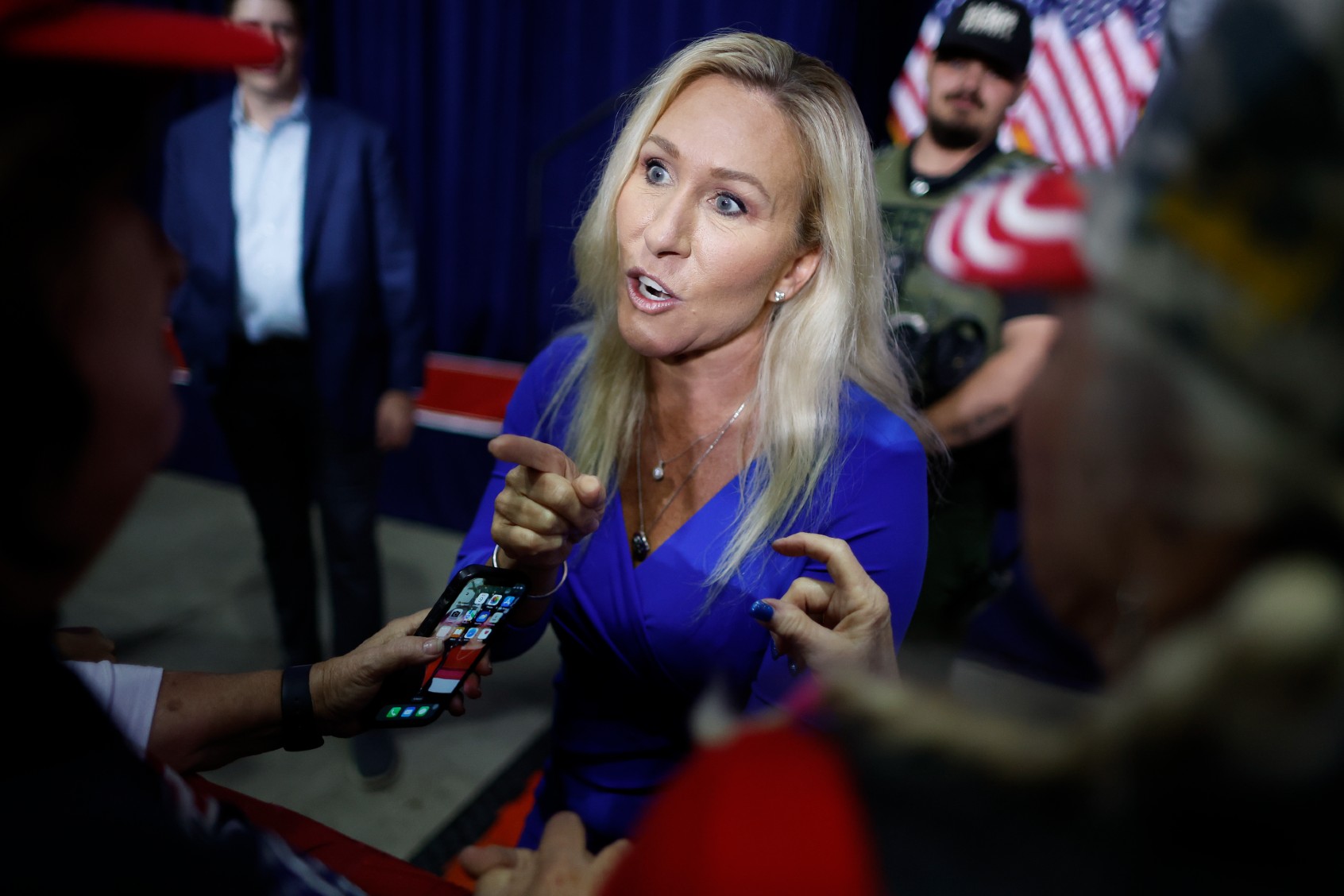 Rep. Marjorie Taylor Greene (R-GA) visits with supporters ahead of a campaign rally with Republican presidential candidate and former U.S. President Donald Trump at the Forum River Center March 09, 2024 in Rome, Georgia. (Chip Somodevilla/Getty Images)
