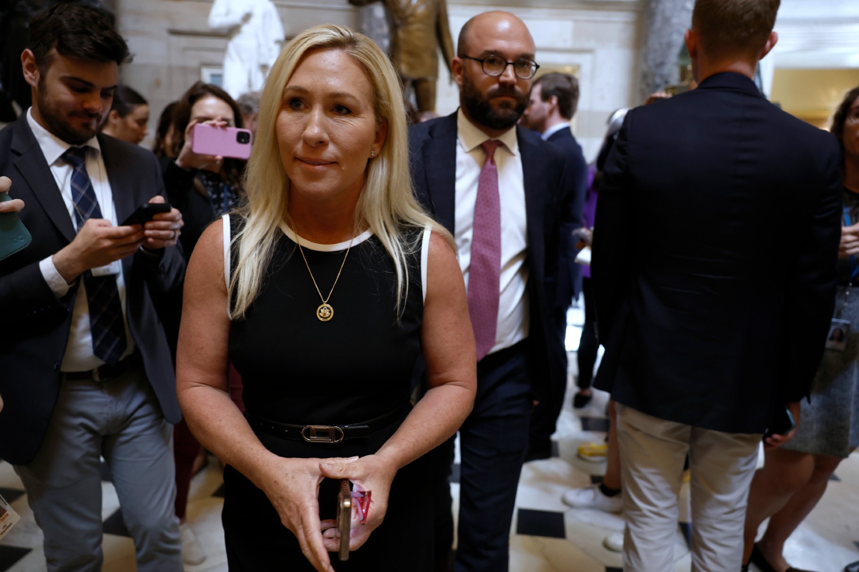 Rep. Marjorie Taylor Greene (R-GA) speaks to reporters in Statuary Hall at the U.S. Capitol Building on April 10, 2024 in Washington, DC. (Anna Moneymaker/Getty Images)