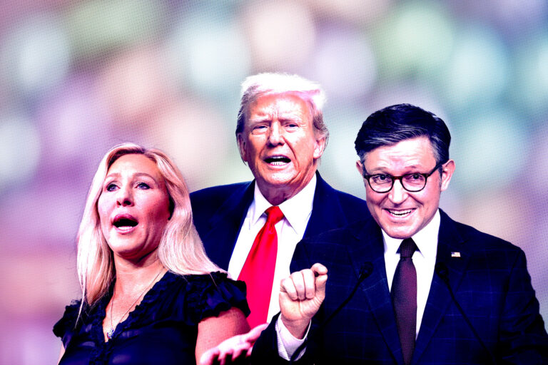 Marjorie Taylor Greene, Donald Trump and Mike Johnson (Photo illustration by Salon/Getty Images)
