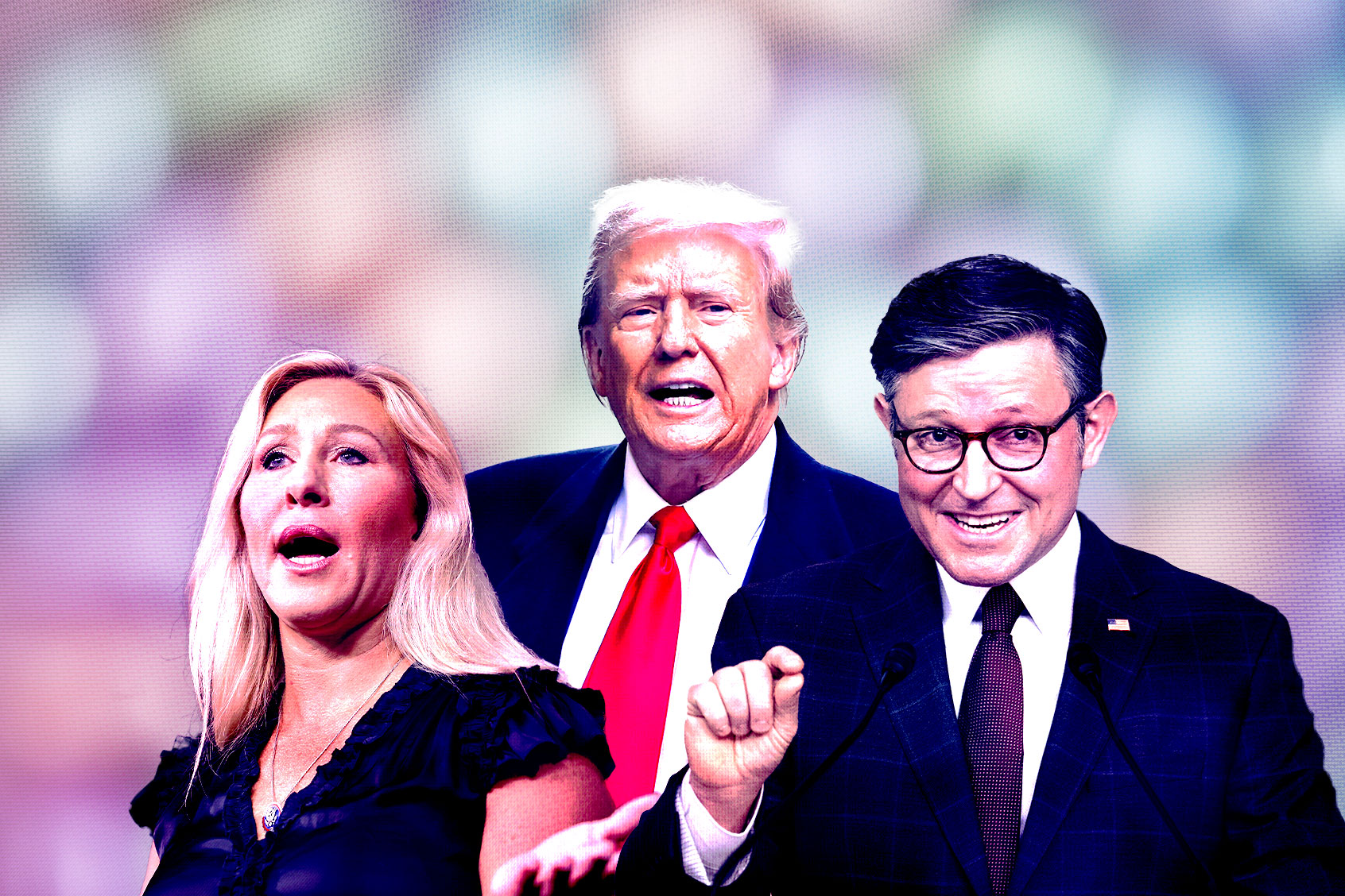 Marjorie Taylor Greene, Donald Trump and Mike Johnson (Photo illustration by Salon/Getty Images)