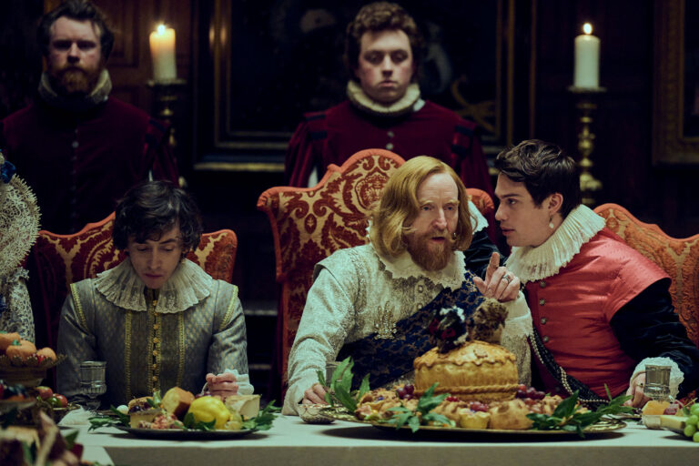 Tony Curran as King James I and Nicholas Galitzine as George Villiers in "Mary & George" (Starz)