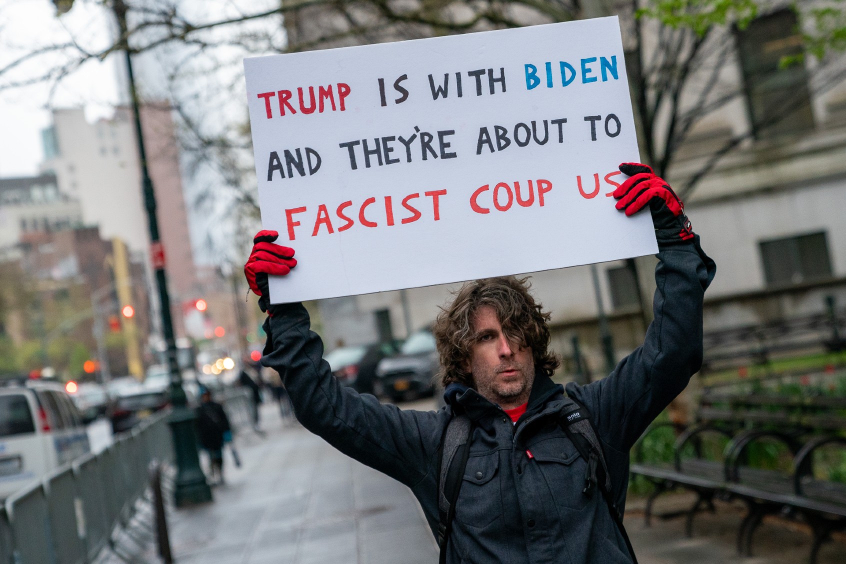 Max Azzarello protests outside of the Manhattan courthouse where former U.S. President Donald Trump's hush money trial is underway on April 18, 2024 in New York City. (David Dee Delgado/Getty Images)