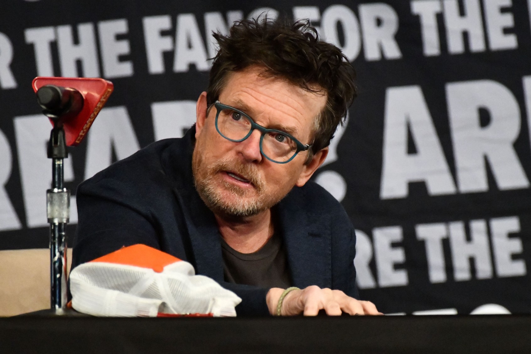 Actor Michael J. Fox speaks during the "Back to the Future" reunion at MegaCon Orlando 2024 at Orange County Convention Center on February 01, 2024 in Orlando, Florida. (Gerardo Mora/Getty Images)