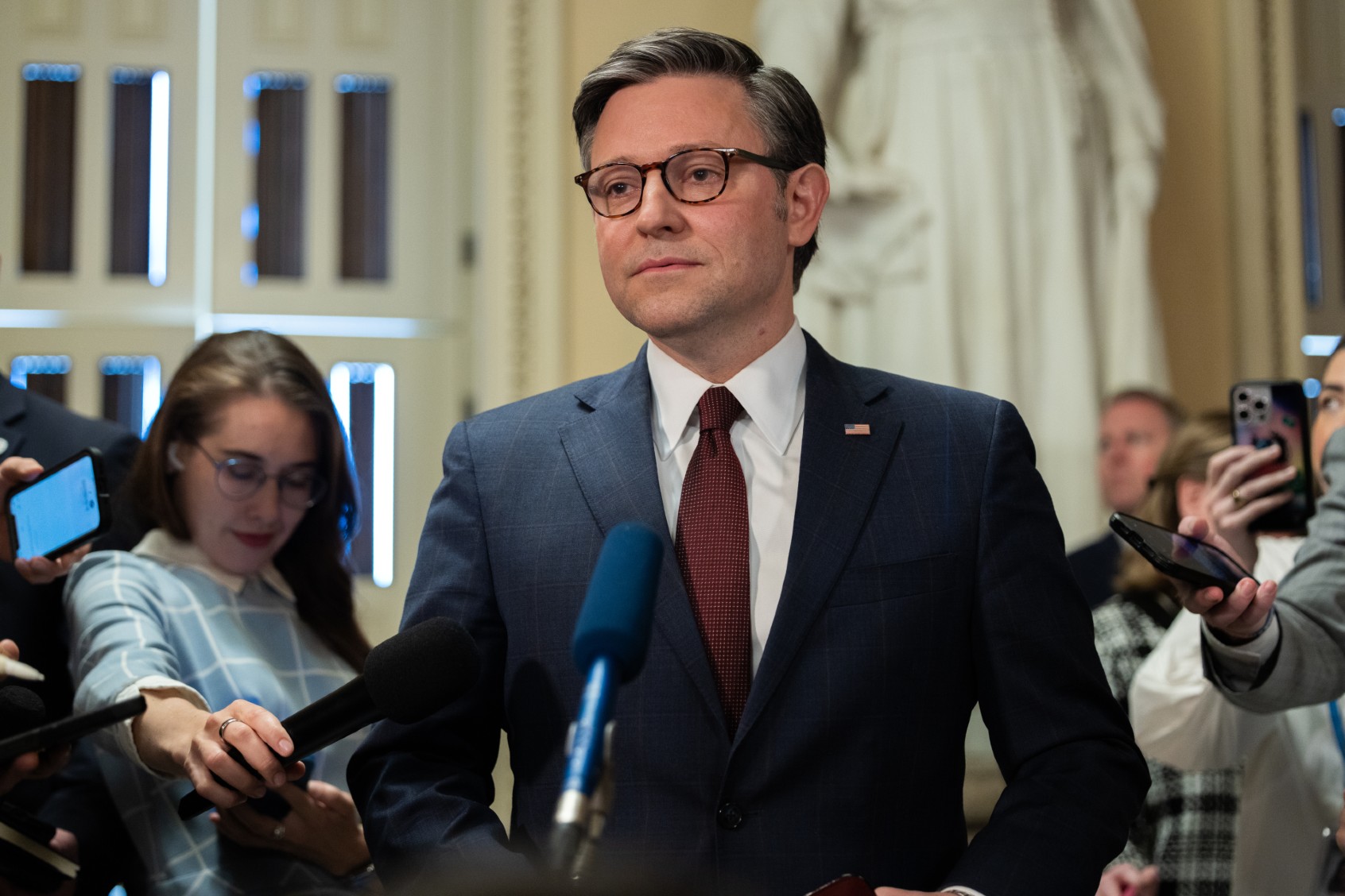 Speaker Mike Johnson (R-LA) speaks to members of the press after the House of Representatives passed bills, including aid to Ukraine and Israel, on Capitol Hill in Washington, DC on April 20, 2024. (Nathan Posner/Anadolu via Getty Images)