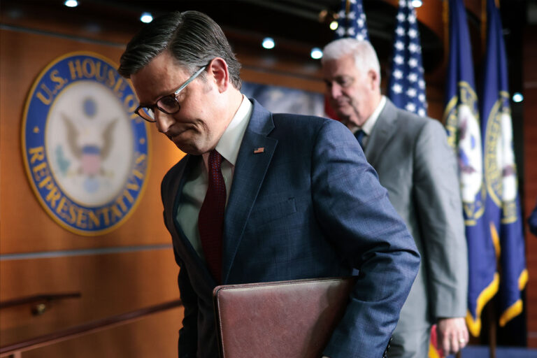 U.S. Speaker of the House Mike Johnson (L) (R-LA) leaves a press conference at the U.S. Capitol on April 16, 2024 in Washington, DC. (Win McNamee/Getty Images)