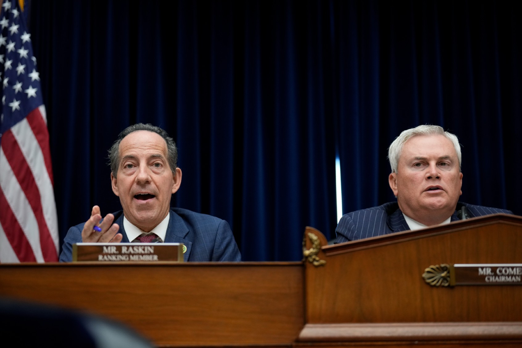 Chairman of the House Oversight Committee Rep. James Comer (R-KY) (R) looks on as Ranking Member Rep. Jamie Raskin (D-MD) delivers remarks during a Committee hearing titled "The Basis for an Impeachment Inquiry of President Joseph R. Biden, Jr." on Capitol Hill on September 28, 2023 in Washington, DC. (Drew Angerer/Getty Images)