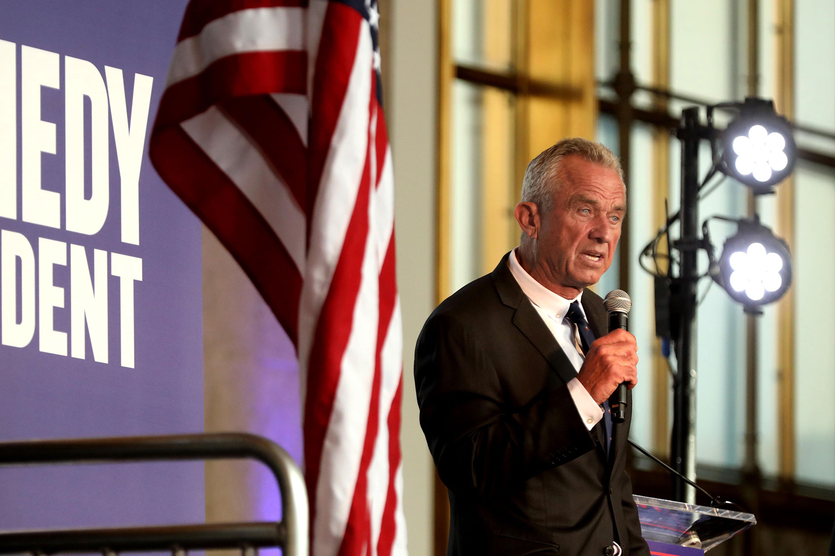 Independent Presidential Candidate Robert F. Kennedy, Jr. speaks to supporters while hosting Cesar Chavez Day at the iconic Old Ticket Concourse at Union Station in Los Angeles on March 30, 2024. (Genaro Molina/Los Angeles Times via Getty Images)