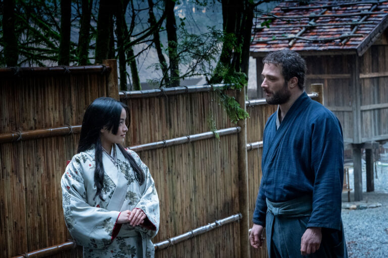 Anna Sawai as Toda Mariko and Cosmo Jarvis as John Blackthorne in "Shogun" (Katie Yu/FX)