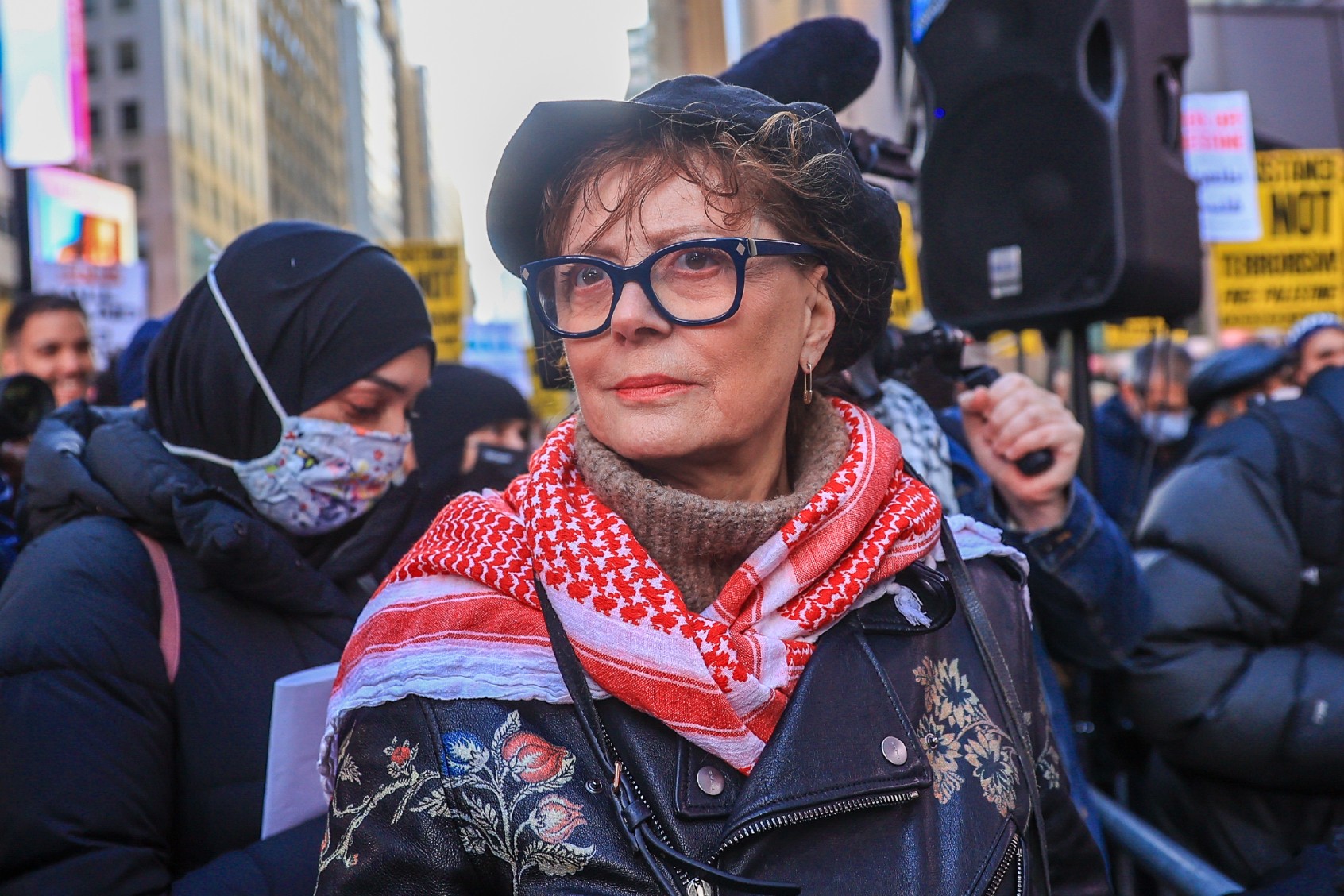 Members of more than 20 organizations gather for the demonstration and march in support of Palestinians as they unite against Zionism on International Day of Al-Quds in Times Square of New York City, on Friday, April 5, 2024.The Academy Award-winning actress, Susan Sarandon attends and speaks in the rally in Times Square, New York. (Selcuk Acar/Anadolu via Getty Images)