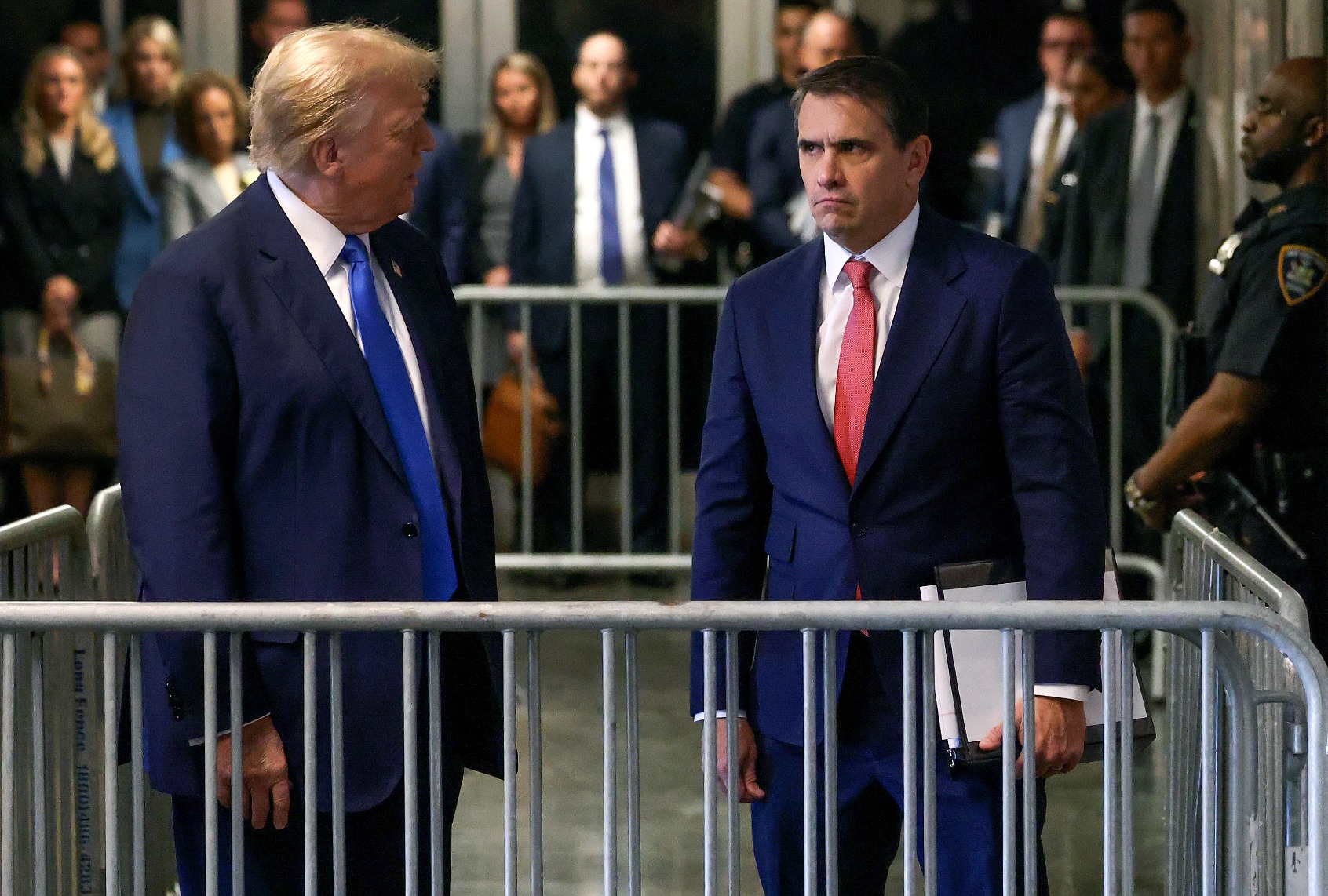 Former President Donald Trump speaks to the media with his attorney Todd Blanche (R) as he leaves court during his trial for allegedly covering up hush money payments at Manhattan Criminal Court on April 22, 2024 in New York City. (Yuki Iwamura-Pool/Getty Images)