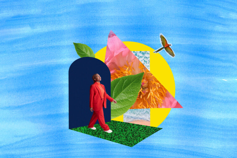 Woman walks through door into natural landscape collage (Getty Images/We Are)