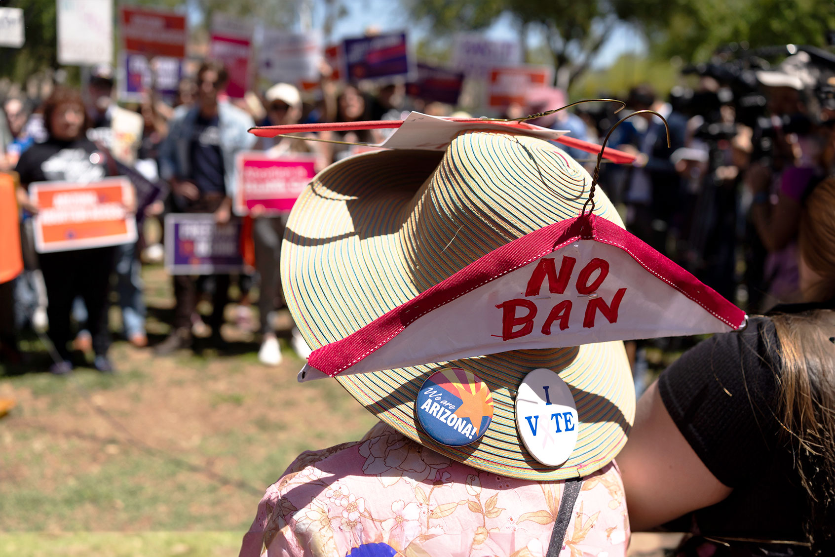 Members of Arizona for Abortion Access, the ballot initiative to enshrine abortion rights in the Arizona State Constitution, hold a press conference and protest condemning Arizona House Republicans and the 1864 abortion ban during a recess from a legislative session at the Arizona House of Representatives on April 17, 2024 in Phoenix, Arizona. (Rebecca Noble/Getty Images)
