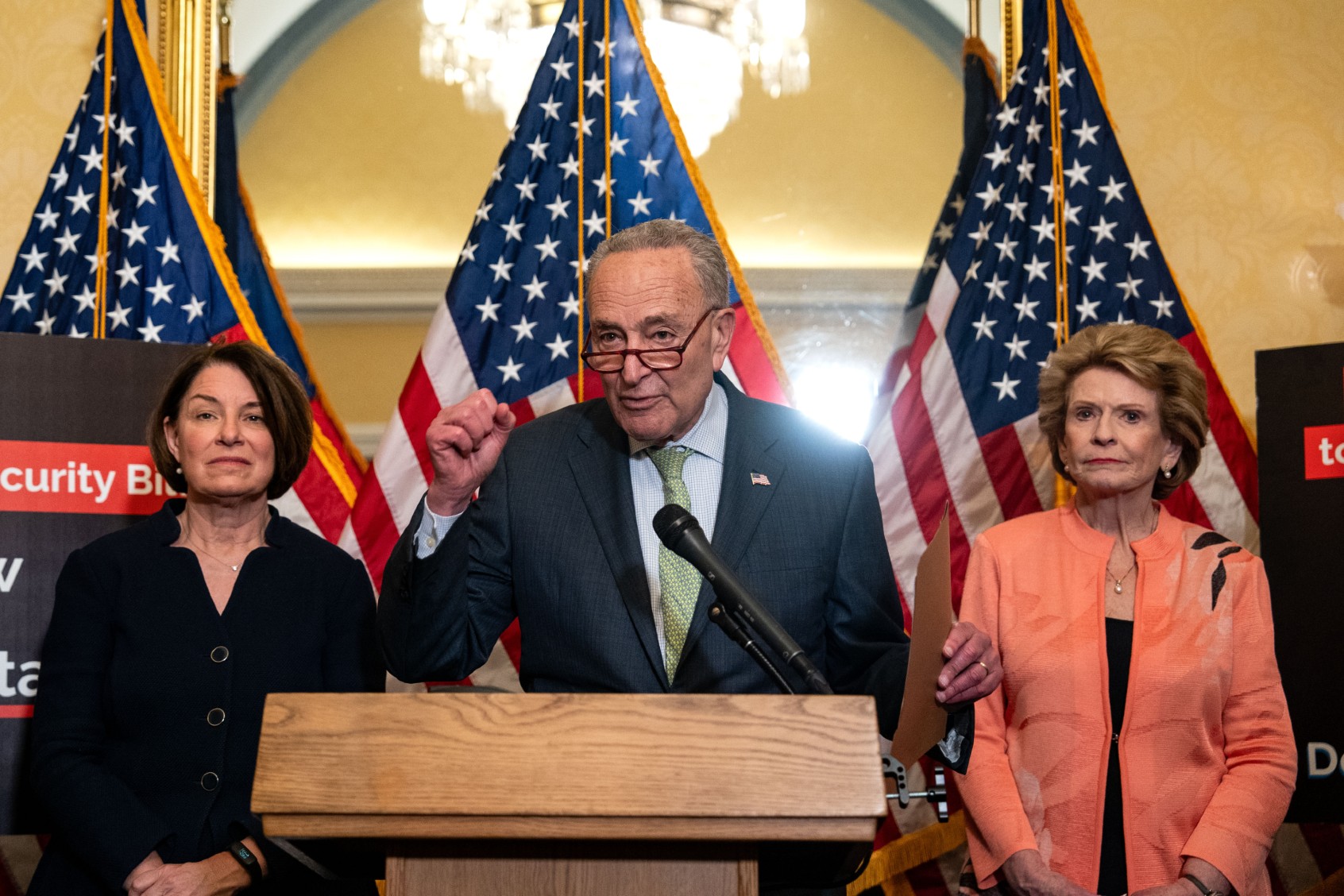 Senate Majority Leader Chuck Schumer (D-NY), flanked by Sen. Catherine Cortez Masto (D-NV), Sen. Amy Klobuchar (D-MN) and Sen. Debbie Stabenow (D-MI) as he speaks during a news conference on Capitol Hill on May 22, 2024 in Washington, DC. (Kent Nishimura/Getty Images)