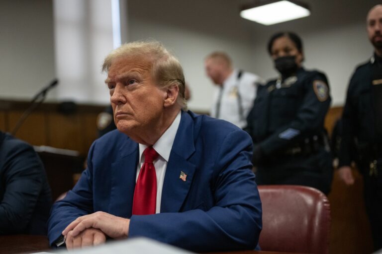 Former president Donald Trump sits in Manhattan Criminal Court for the start of the third week of his trial for falsifying documents related to hush money payments, in New York, NY, on Tuesday, April 30, 2024. (Victor J. Blue for The Washington Post via Getty Images/ Pool)