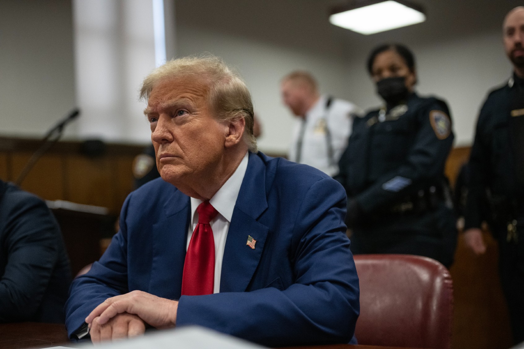 Former president Donald Trump sits in Manhattan Criminal Court for the start of the third week of his trial for falsifying documents related to hush money payments, in New York, NY, on Tuesday, April 30, 2024. (Victor J. Blue for The Washington Post via Getty Images/ Pool)