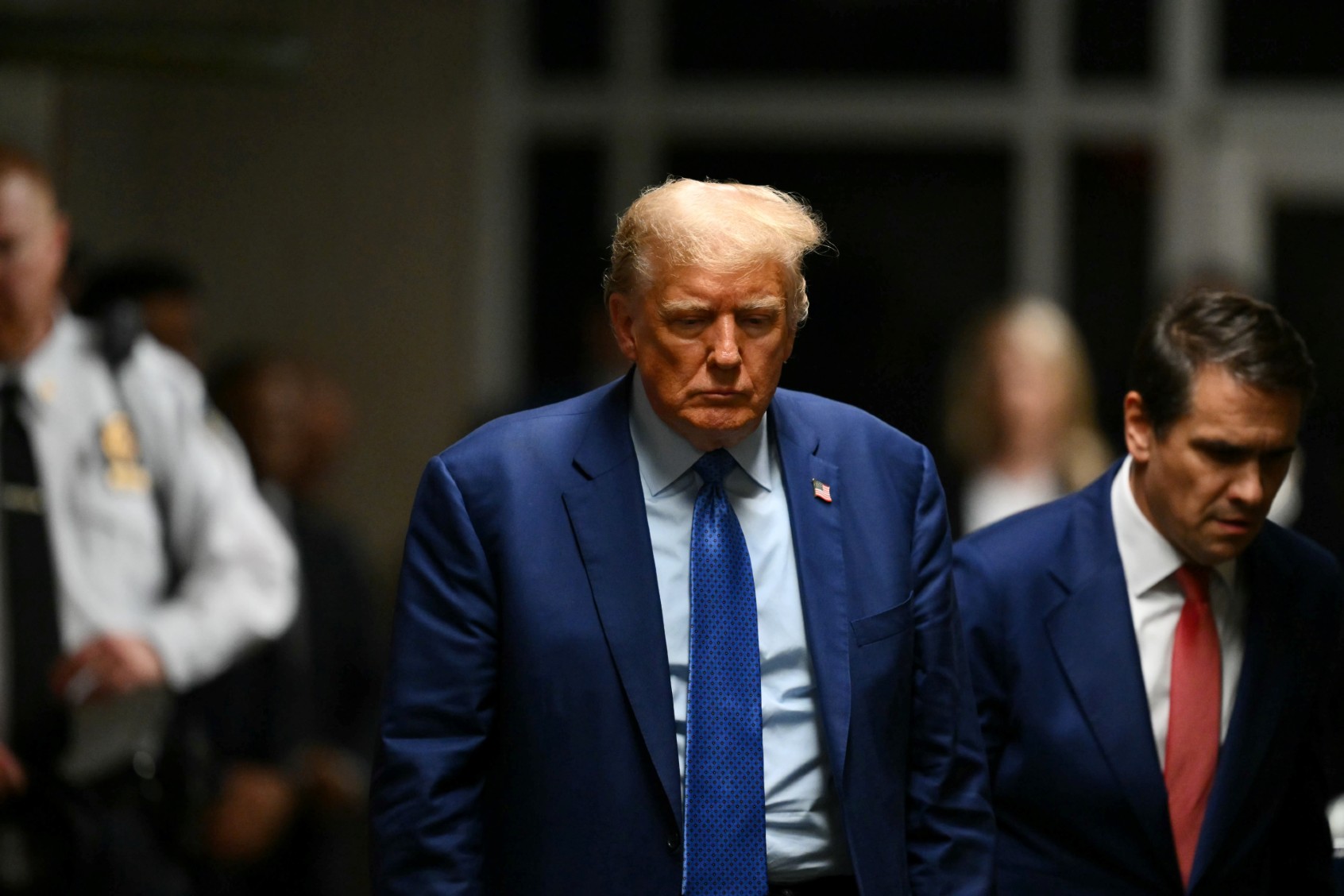 Former U.S. President Donald Trump walks to speak to the press at the end of the day during his trial for allegedly covering up hush money payments at Manhattan Criminal Court on May 9, 2024 in New York City. (Angela Weiss-Pool/Getty Images)