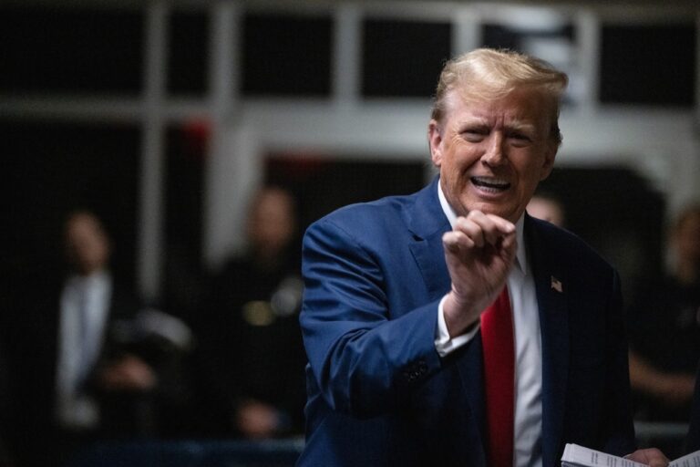 Former U.S. President Donald Trump speaks to the media at the end of his day his criminal trial for allegedly covering up hush money payments at Manhattan Criminal Court on May 10, 2024 in New York City. (Victor J. Blue - Pool/Getty Images)