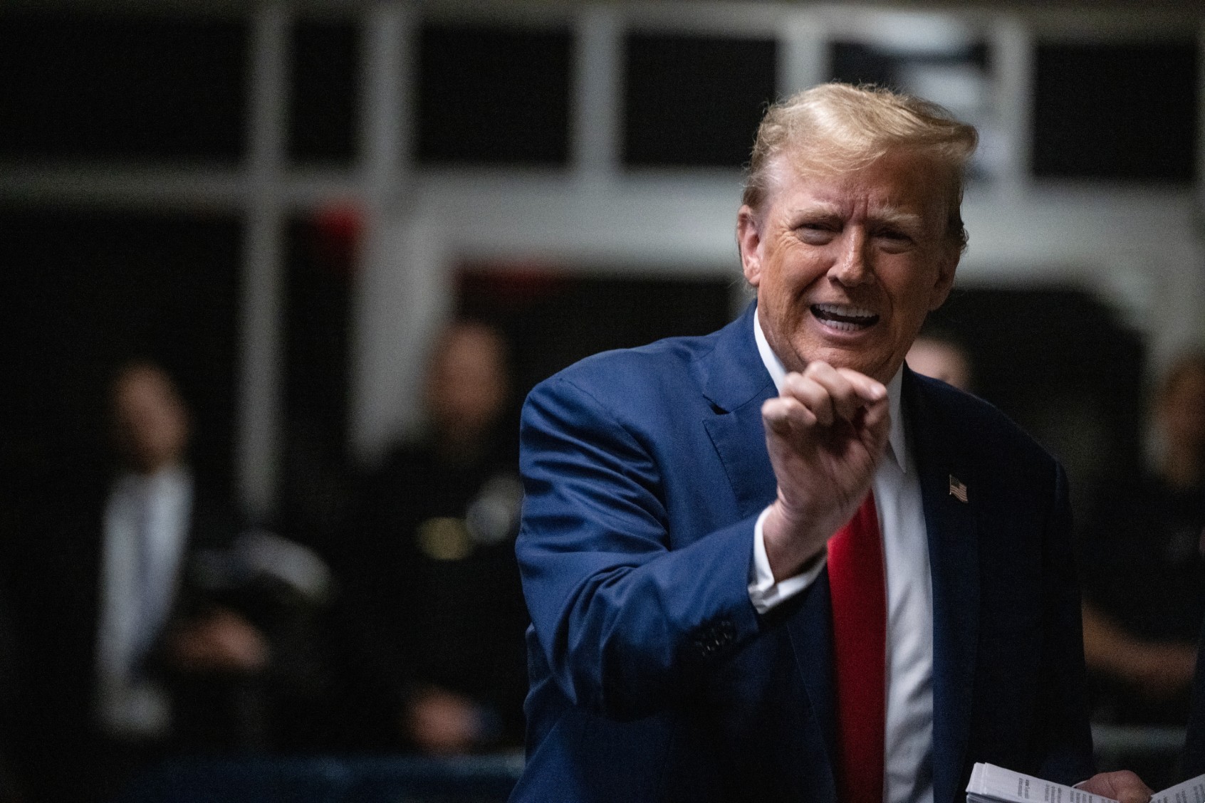 Former U.S. President Donald Trump speaks to the media at the end of his day his criminal trial for allegedly covering up hush money payments at Manhattan Criminal Court on May 10, 2024 in New York City. (Victor J. Blue - Pool/Getty Images)