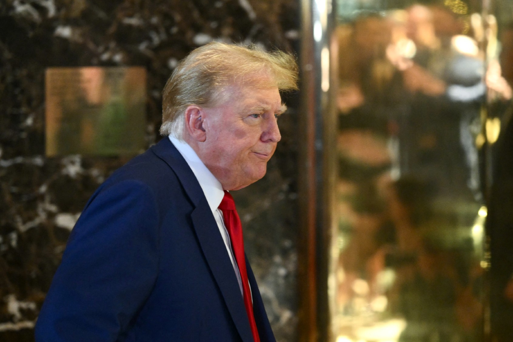 Former U.S. President and Republican presidential candidate Donald Trump departs after speaking during a press conference after being found guilty over hush-money charges at Trump Tower in New York City on May 31, 2024. (ANGELA WEISS/AFP via Getty Images)