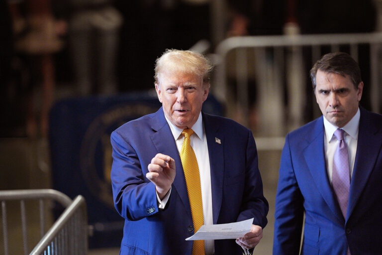 Former U.S. President Donald Trump speaks to the media before he appears in court during his trial for allegedly covering up hush money payments at Manhattan Criminal Court on May 7, 2024 in New York City. (Curtis Means-Pool/Getty Images)