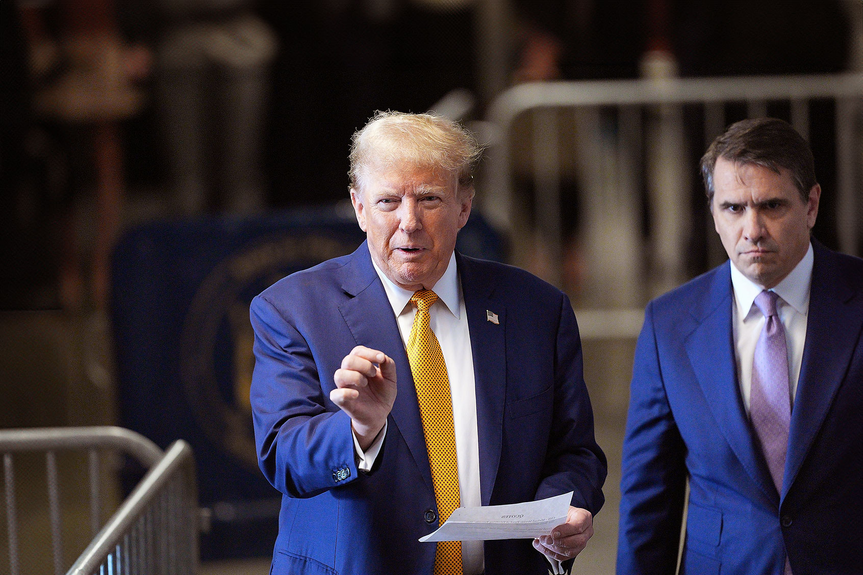 Former U.S. President Donald Trump speaks to the media before he appears in court during his trial for allegedly covering up hush money payments at Manhattan Criminal Court on May 7, 2024 in New York City. (Curtis Means-Pool/Getty Images)