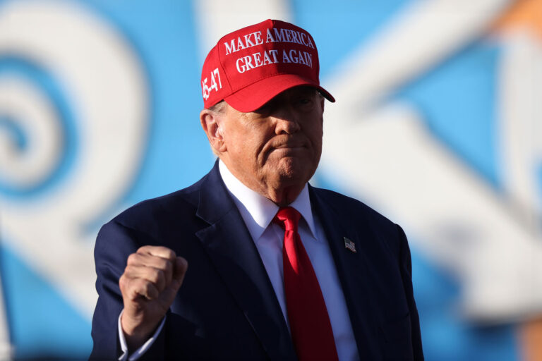 Republican presidential candidate former U.S. President Donald Trump arrives for his campaign rally in Wildwood Beach on May 11, 2024 in Wildwood, New Jersey. (Michael M. Santiago/Getty Images)