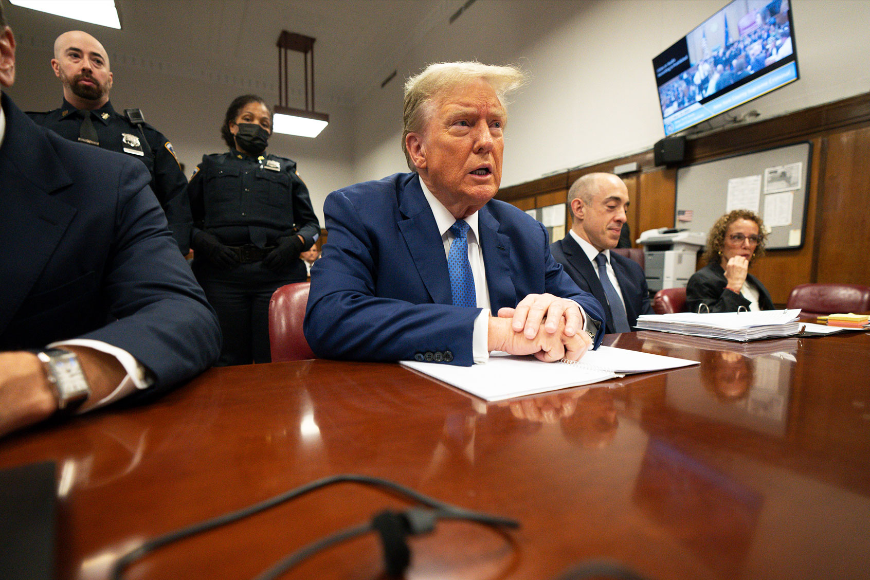 Former U.S. President Donald Trump appears in court during his trial for allegedly covering up hush money payments at Manhattan Criminal Court on May 20, 2024 in New York City. (Steven Hirsch-Pool/Getty Images)