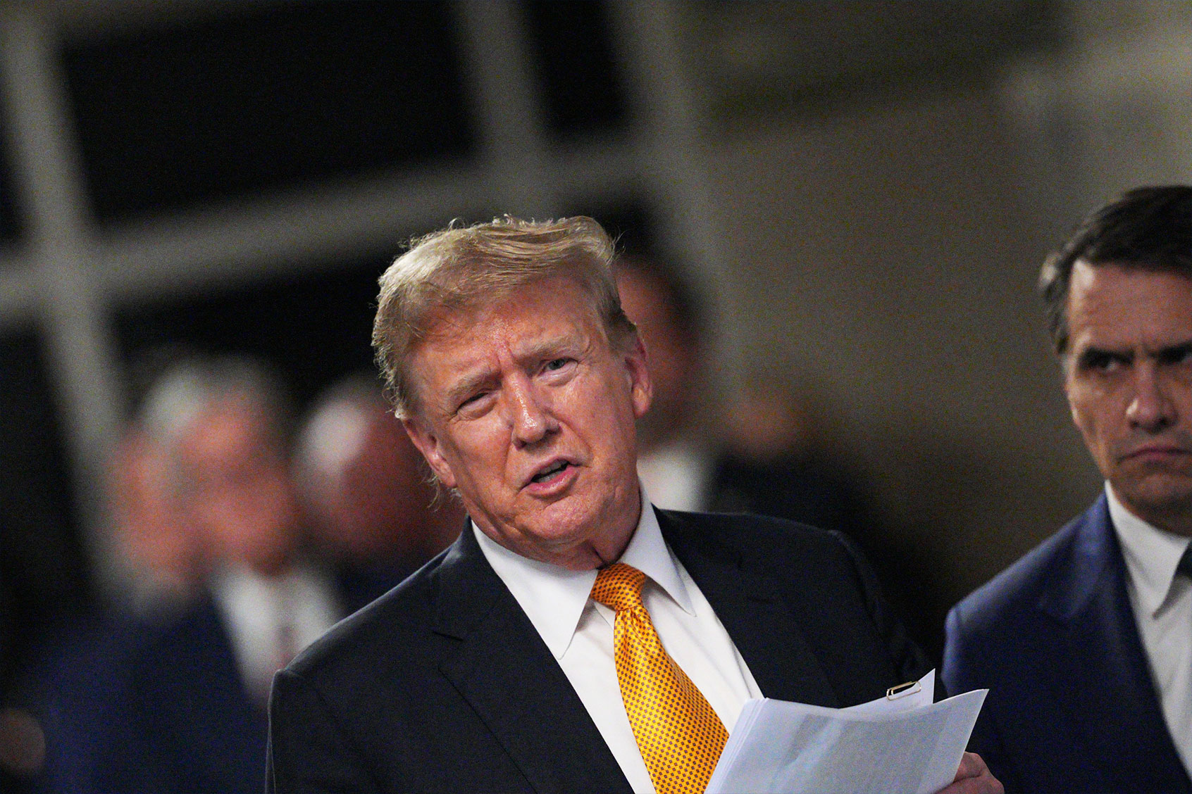 Former U.S. President Donald Trump speaks to the media during his trial for allegedly covering up hush money payments at Manhattan Criminal Court on May 21, 2024 in New York City. (Curtis Means-Pool/Getty Images)