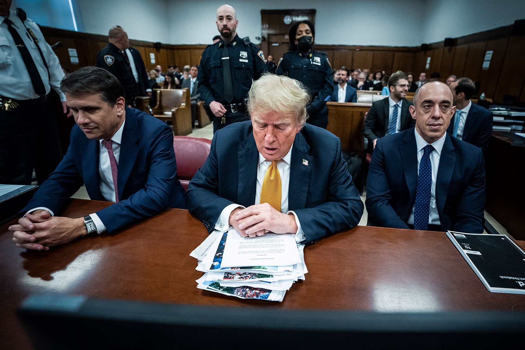 Former US President and Republican presidential candidate Donald Trump awaits the start of proceedings in his criminal trial at Manhattan Criminal Court in New York City, on May 29, 2024. (JABIN BOTSFORD/POOL/AFP via Getty Images)
