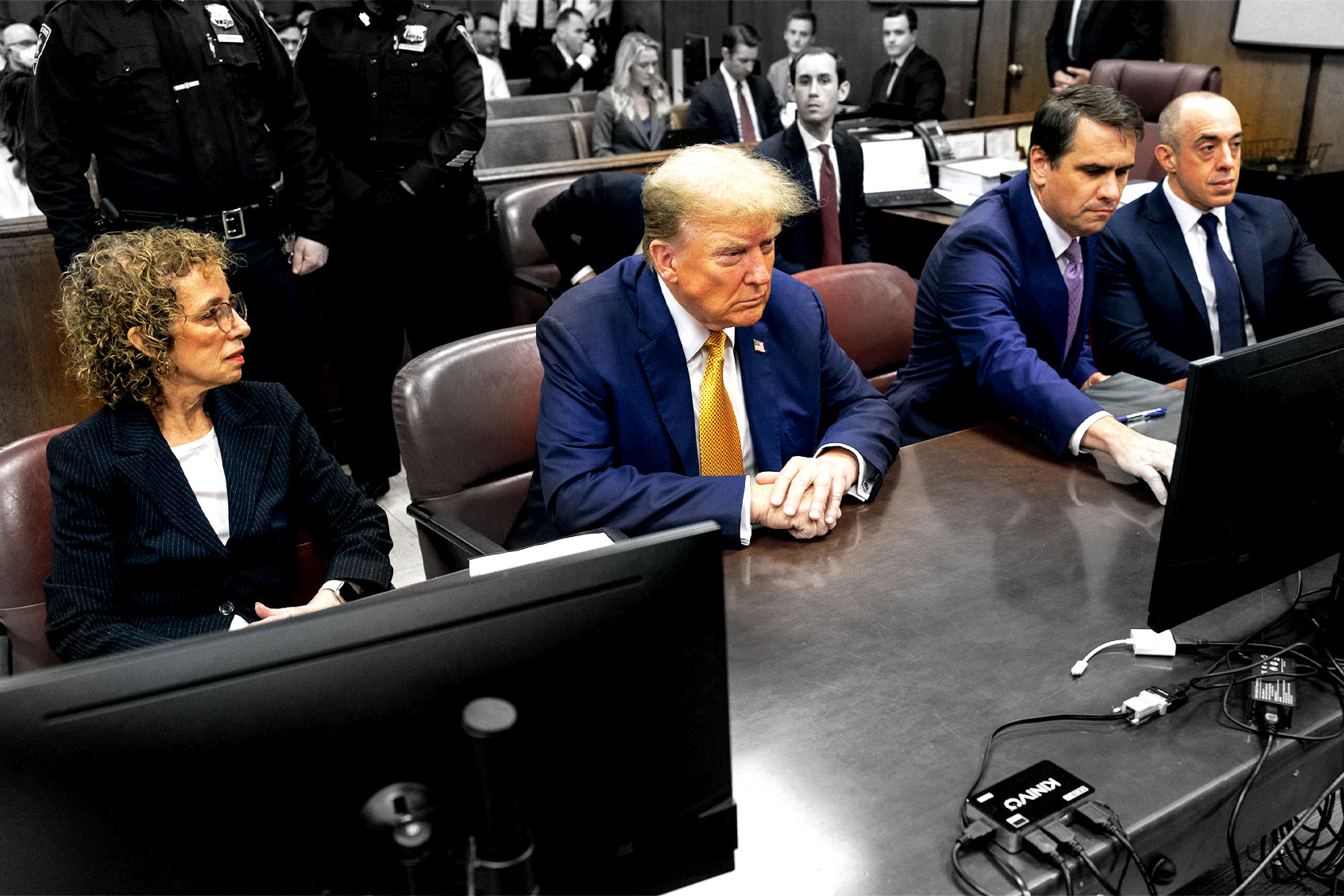 Former U.S. President Donald Trump and attorneys Susan Necheles, Todd Blanche and Emil Bove attend his trial for allegedly covering up hush money payments at Manhattan Criminal Court on May 7, 2024 in New York City. (Sarah Yenesel-Pool/Getty Images)