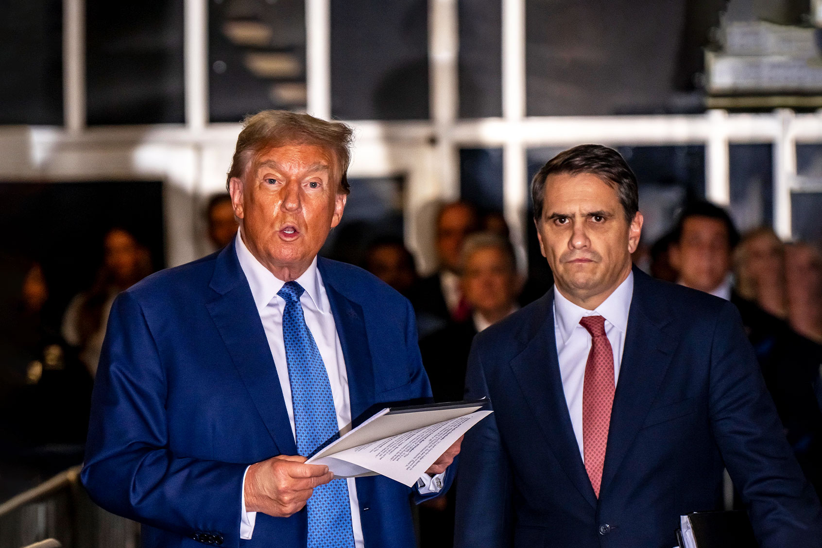 Former U.S. President Donald Trump speaks to the media with attorney Todd Blanche (R) after his trial for allegedly covering up hush money payments at Manhattan Criminal Court on May 20, 2024 in New York City. (Mark Peterson - Pool/Getty Images)