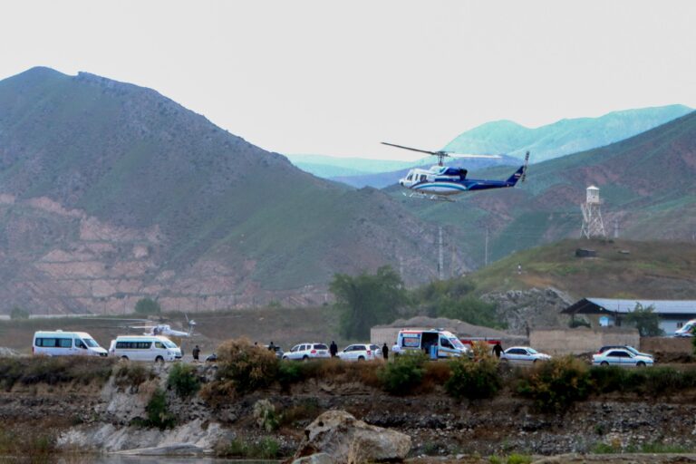 In this photo provided by Islamic Republic News Agency IRNA on May 19, 2024, shows the helicopter carrying Iran's President Ebrahim Raisi taking off at the Iranian border with Azerbaijan after the inauguration of the dam of Qiz Qalasi, in Aras. (ALI HAMED HAGHDOUST/IRNA/AFP via Getty Images)