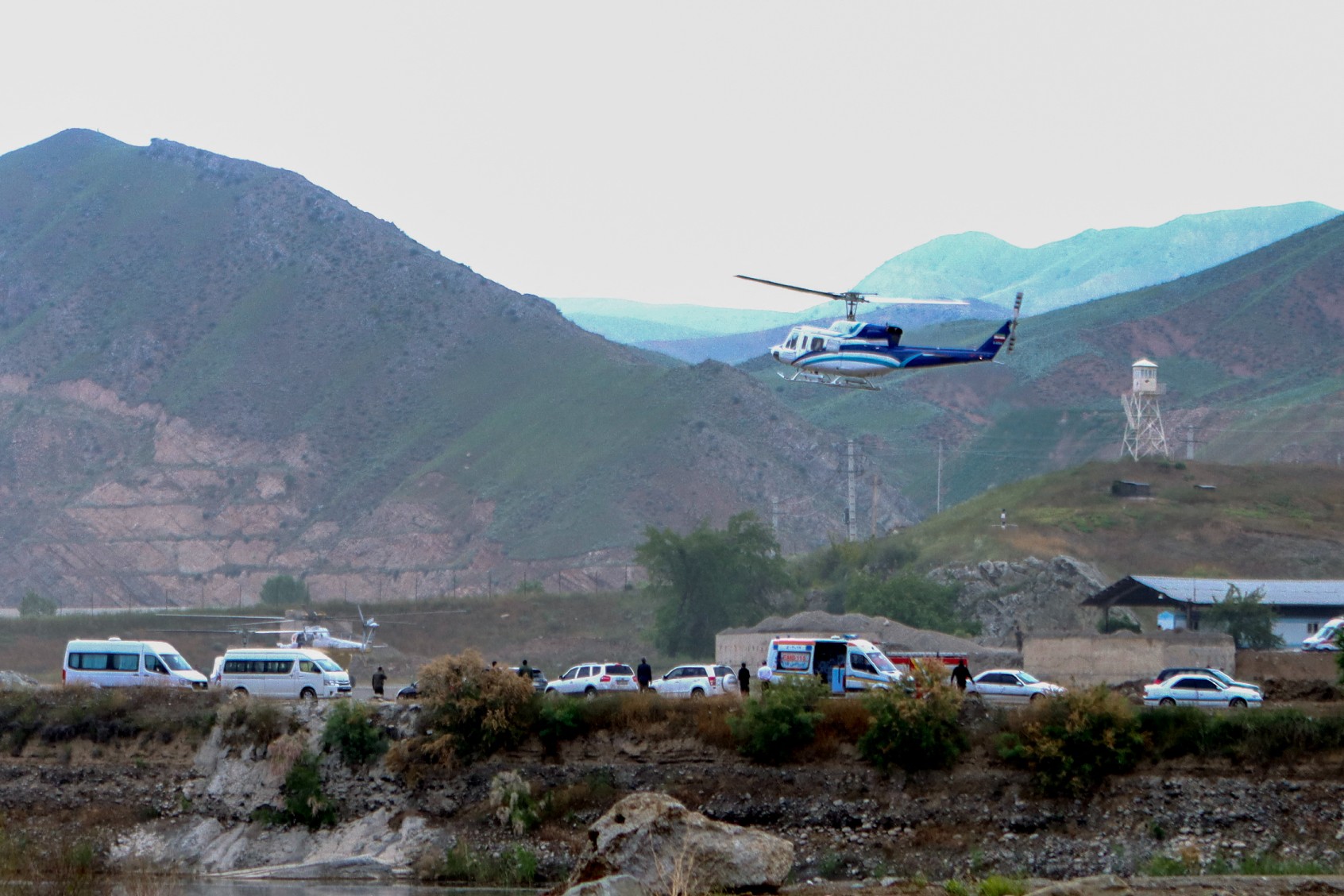 In this photo provided by Islamic Republic News Agency IRNA on May 19, 2024, shows the helicopter carrying Iran's President Ebrahim Raisi taking off at the Iranian border with Azerbaijan after the inauguration of the dam of Qiz Qalasi, in Aras. (ALI HAMED HAGHDOUST/IRNA/AFP via Getty Images)