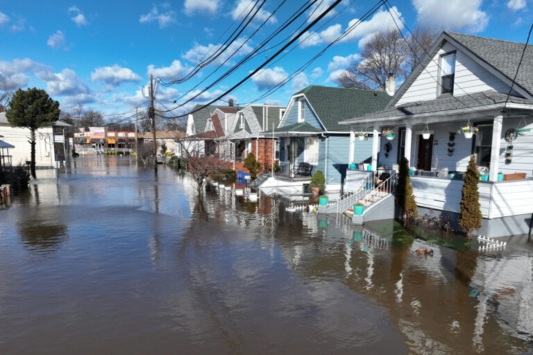 A view of a flooded street in a residential area after Saddle River crested and spilled into the streets of Lodi, New Jersey, causing flooding in some homes and spurring people to evacuate in some cases on January 10, 2024. (Lokman Vural Elibol/Anadolu via Getty Images)