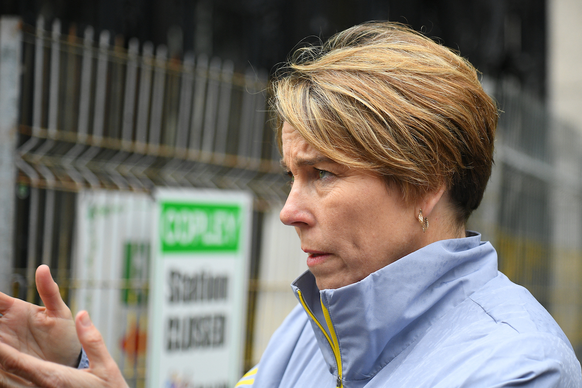 BOSTON, MA - APRIL 17: Governor of Massachusetts Maura Healey is interviewed by the media during the 127th Boston Marathon on April 17, 2023 on Boylston Street in Boston, MA. ((Photo by Erica Denhoff/Icon Sportswire via Getty Images))
