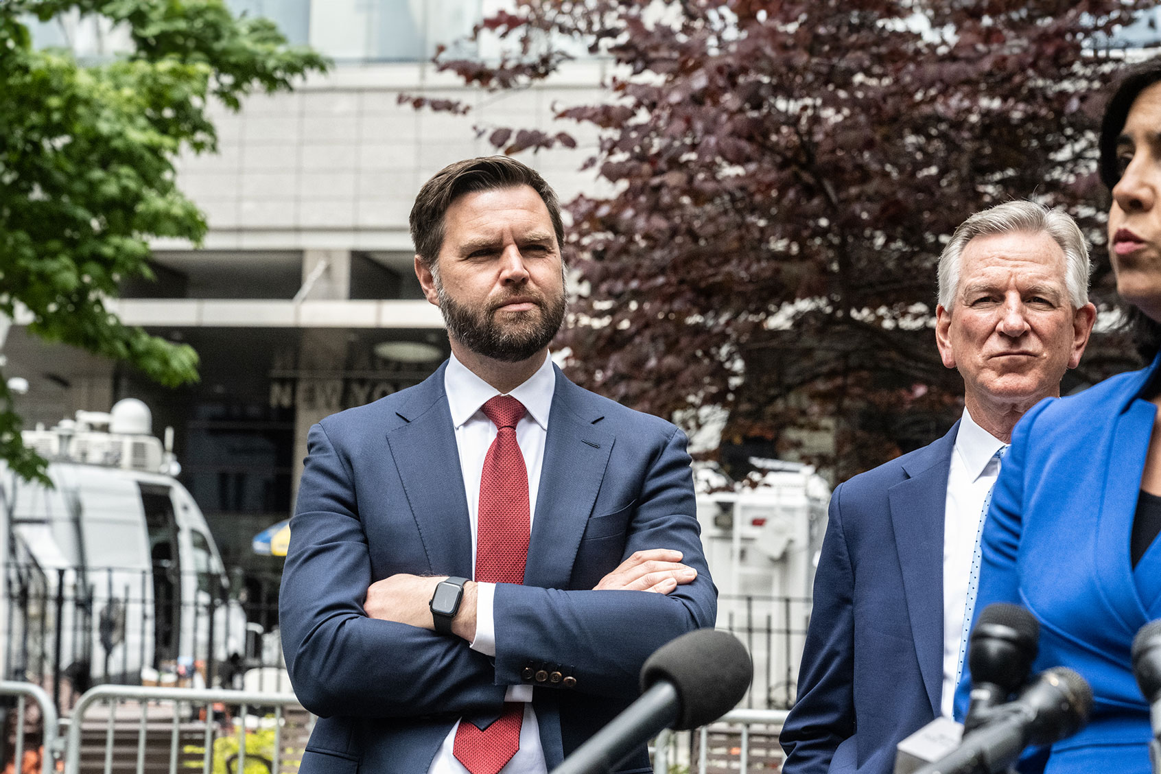 Elected officials including (L-R) Sen. J.D. Vance (R-OH), Sen. Tommy Tuberville (R-AL) and Rep. Nicole Malliotakis (R-NY) speak to the media outside of the Criminal Court where former U.S. President Donald Trump is on trial on May 13, 2024 in New York City. (Stephanie Keith/Getty Images)