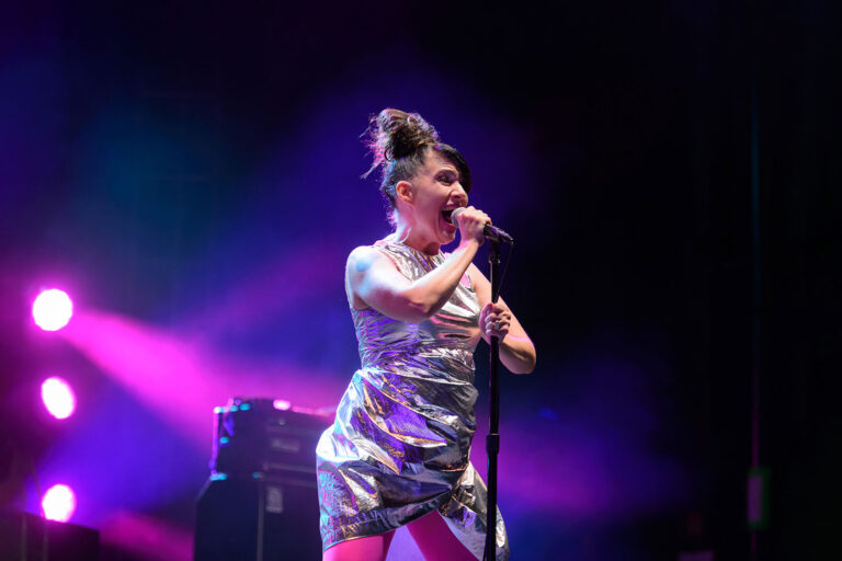 Kathleen Hanna of Bikini Kill performs during Riot Fest at Douglas Park on September 15, 2019 in Chicago, Illinois. (Daniel Boczarski/Redferns/Getty Images)