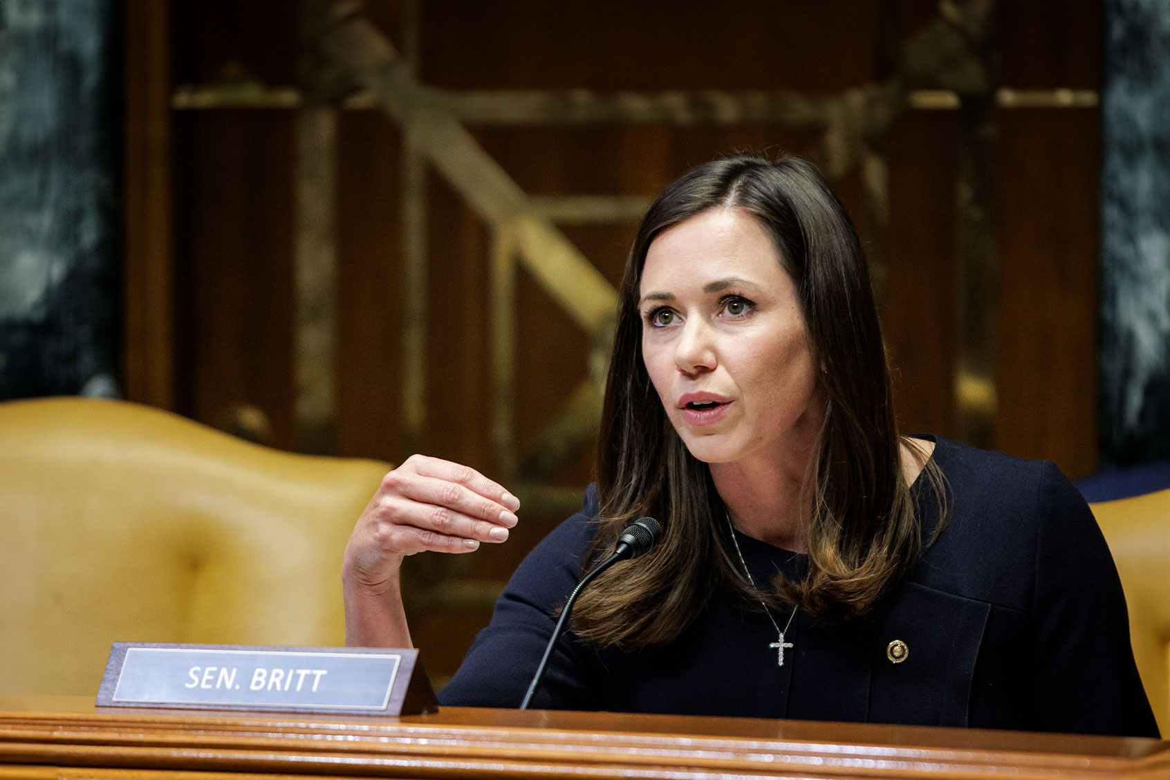 Ranking Member Sen. Katie Britt (R-AL) speaking during during a Senate Appropriations Subcommittee on Homeland Security hearing on "A Review of the President's FY2025 Budget Request for the Department of Homeland Security" at the U.S. Capitol on April 10, 2024 in Washington, DC. (Samuel Corum/Getty Images)