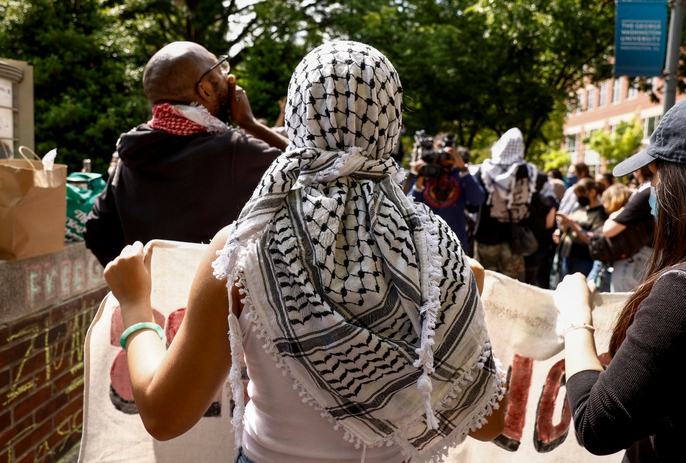 Activists at a protest near an encampment demonstration at the University Yard at George Washington University in Washington, D.C., April 26, 2024. (Anna Moneymaker/Getty Images)