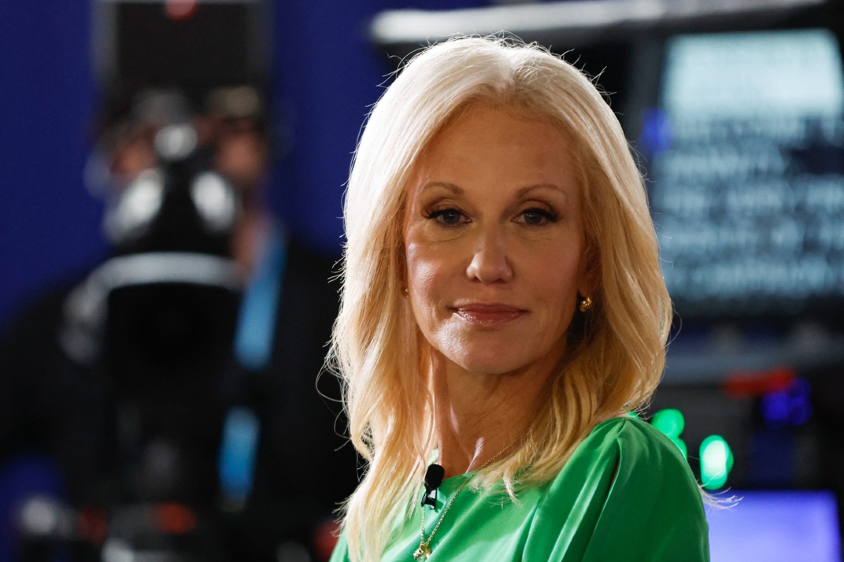 Kellyanne Conway, former counselor to former President Trump, looks on in the Spin Room during the first Republican Presidential primary debate at the Fiserv Forum in Milwaukee, Wisconsin, on August 23, 2023. (KAMIL KRZACZYNSKI/AFP via Getty Images)