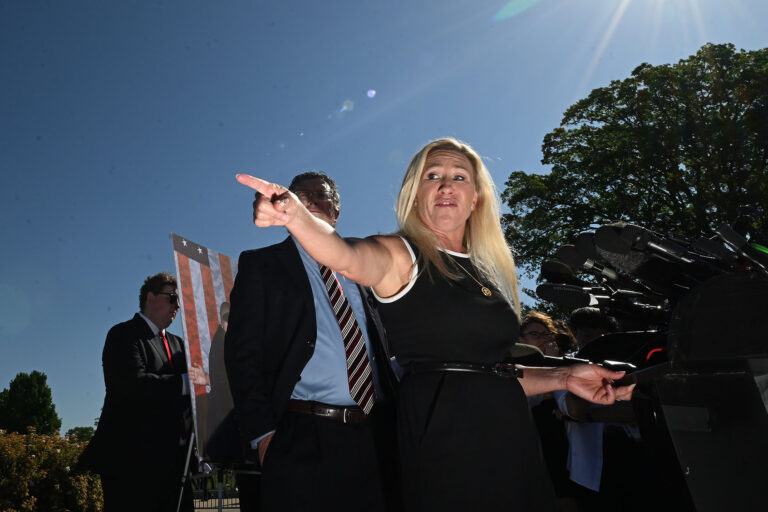 U.S. Representative Marjorie Taylor Greene (R-GA) takes part in a press conference where she said she would move forward next week with a motion to vacate Speaker of the House Mike Johnson (R-LA) on Wednesday May 01, 2024 in Washington, DC. (Matt McClain/The Washington Post via Getty Images)
