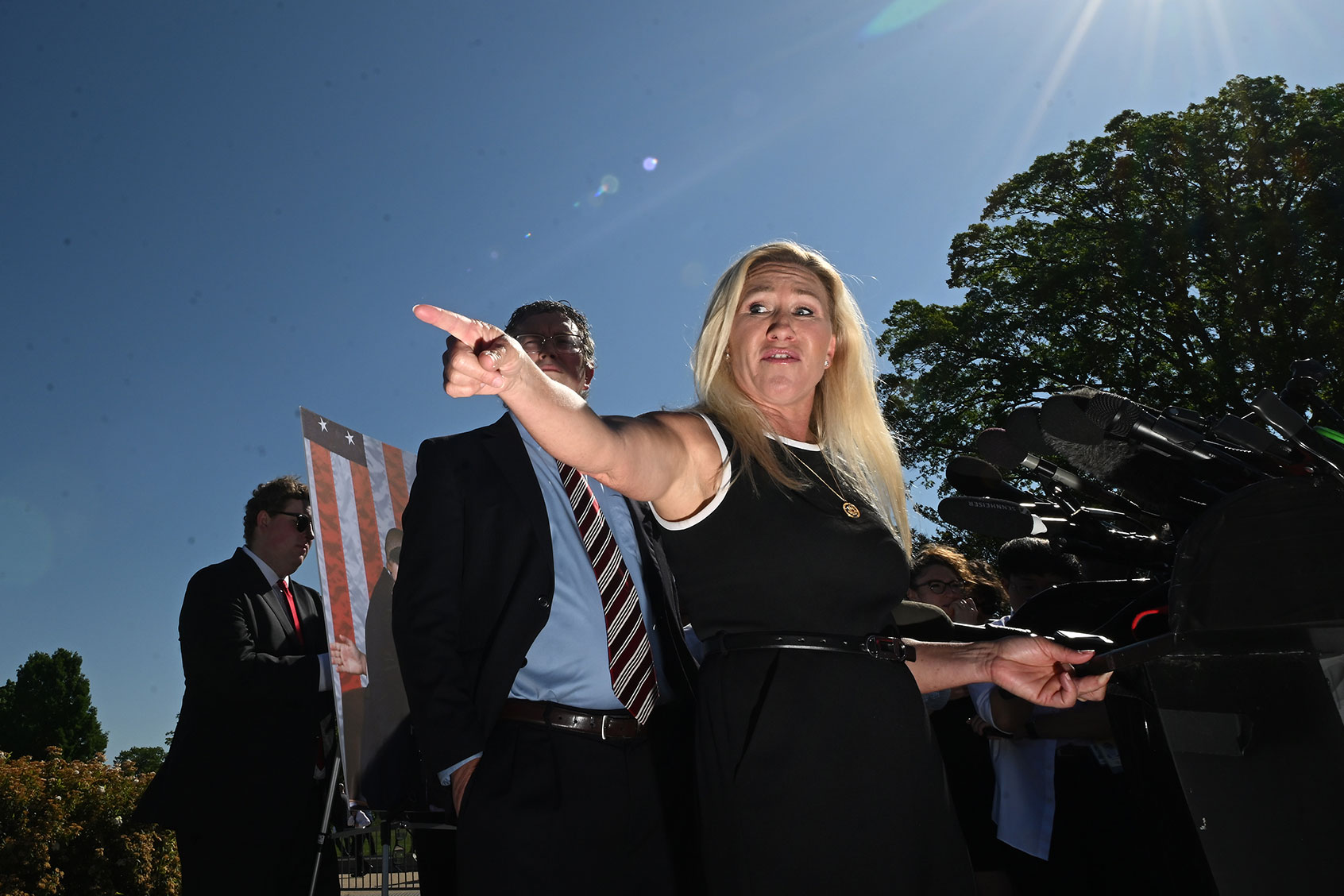 U.S. Representative Marjorie Taylor Greene (R-GA) takes part in a press conference where she said she would move forward next week with a motion to vacate Speaker of the House Mike Johnson (R-LA) on Wednesday May 01, 2024 in Washington, DC. (Matt McClain/The Washington Post via Getty Images)