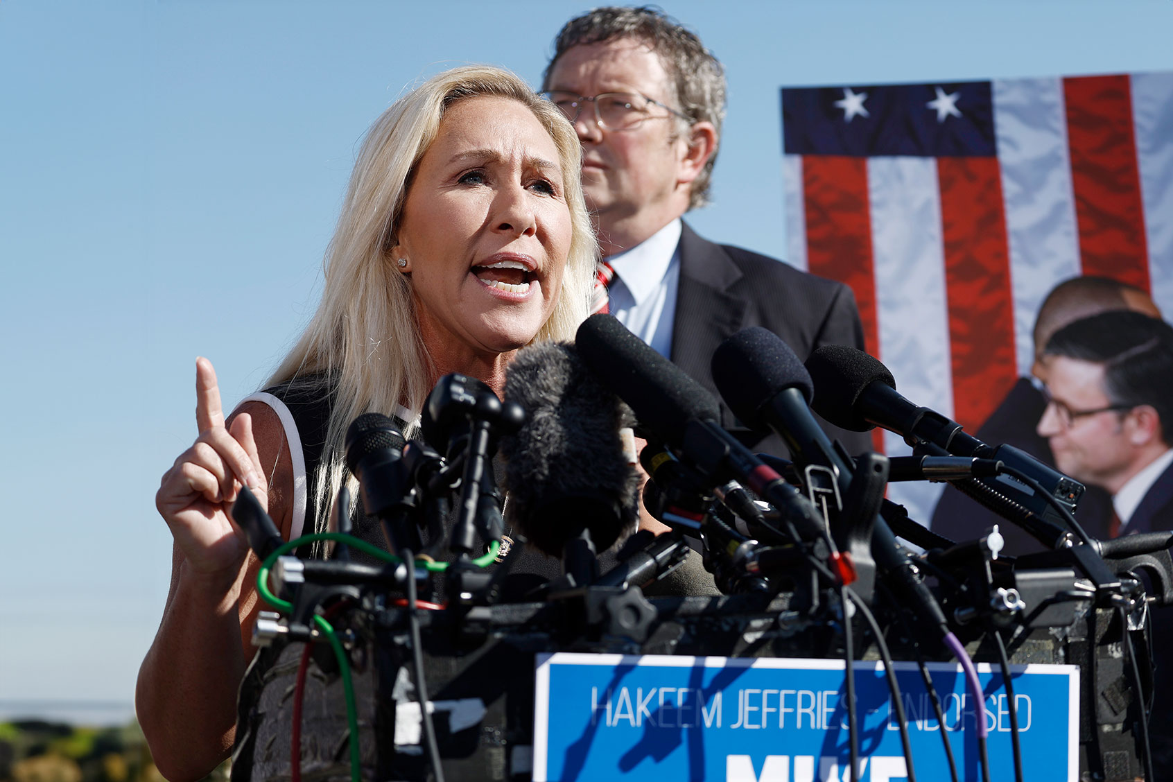 Rep. Marjorie Taylor Greene (R-GA) speaks at a news conference alongside Rep. Thomas Massie (R-KY) at the U.S. Capitol Building on May 01, 2024 in Washington, DC. (Anna Moneymaker/Getty Images)