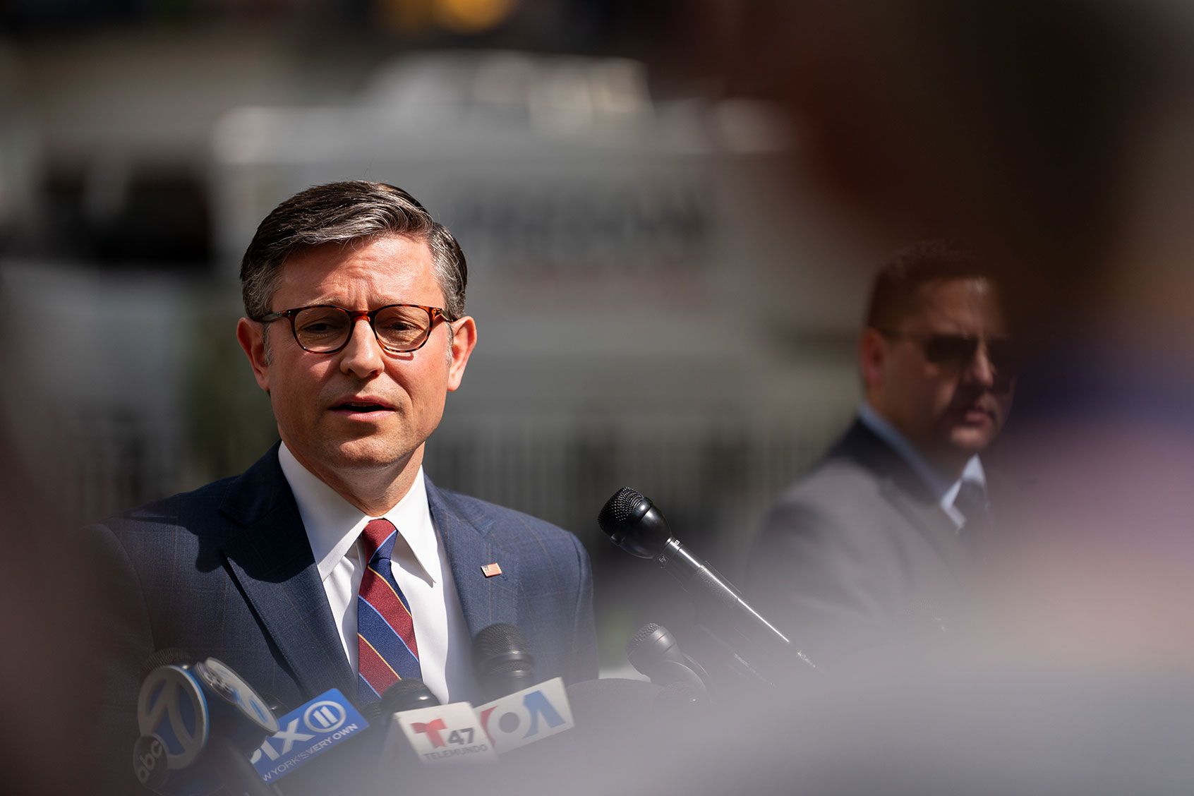 U.S. Speaker of the House Mike Johnson (R-LA) addresses the media outside of Manhattan Criminal Court on behalf of former President Donald Trump on May 14, 2024 in New York City. (David Dee Delgado/Getty Images)