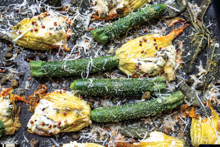 Zucchini & stuffed zucchini blossom flowers (Photo courtesy of Carrie Solomon / Countryman Press)