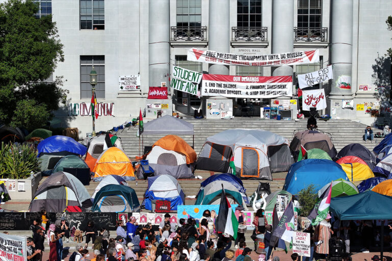 Pro-Palestinian protesters and students gather at the UC Berkeley encampment area outside Sproul Hall, May 7, 2024. (Tayfun Coskun/Anadolu via Getty Images)