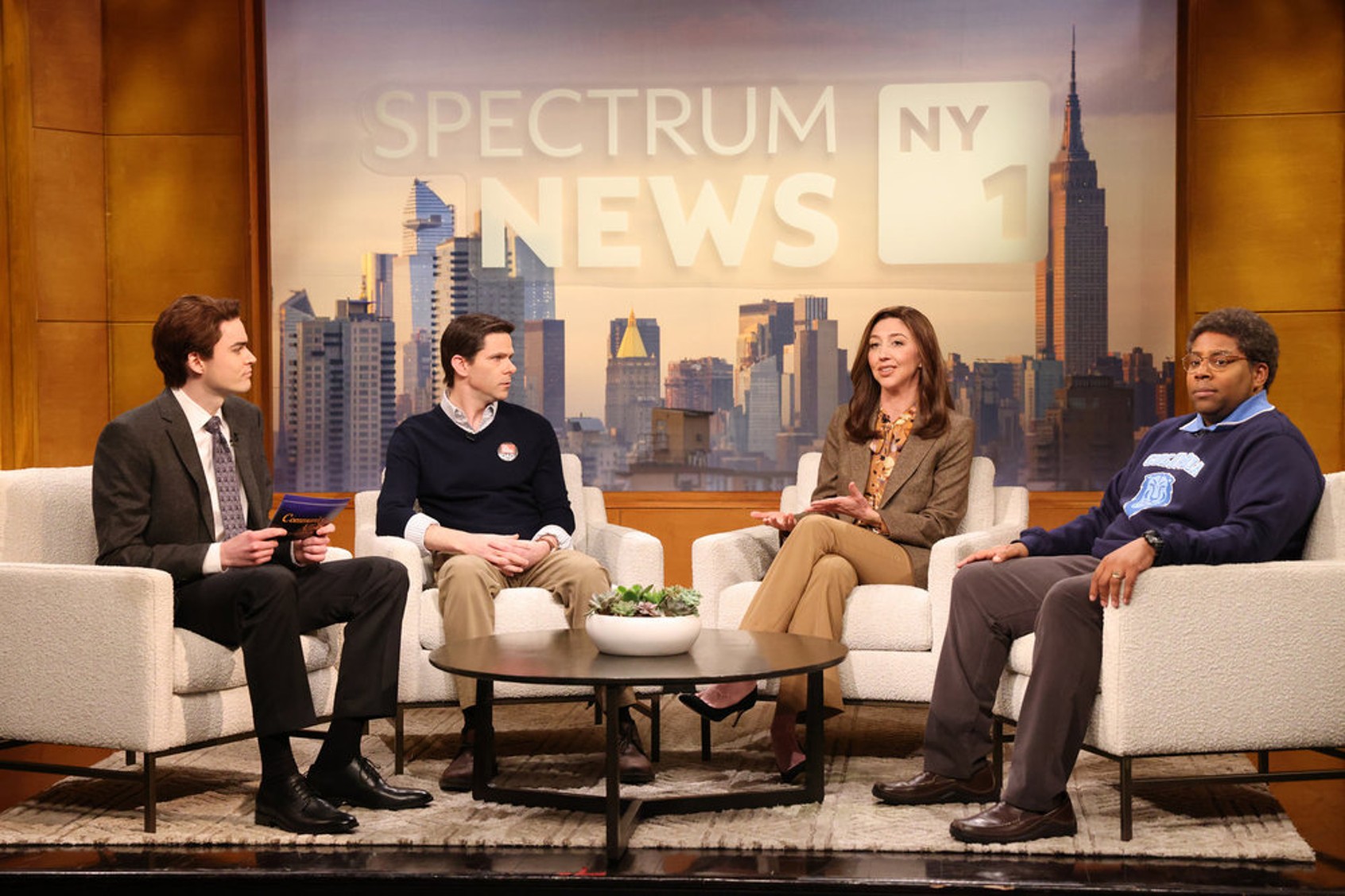 Pictured: (l-r) Michael Longfellow as Ryan Abernathy, Mikey Day as Doug Hoving, Heidi Gardner as Sarah Himes, and Kenan Thompson as Alphonse Roberts during the “Community Affairs” Cold Open on Saturday, May 4, 2024 (Will Heath/NBC)