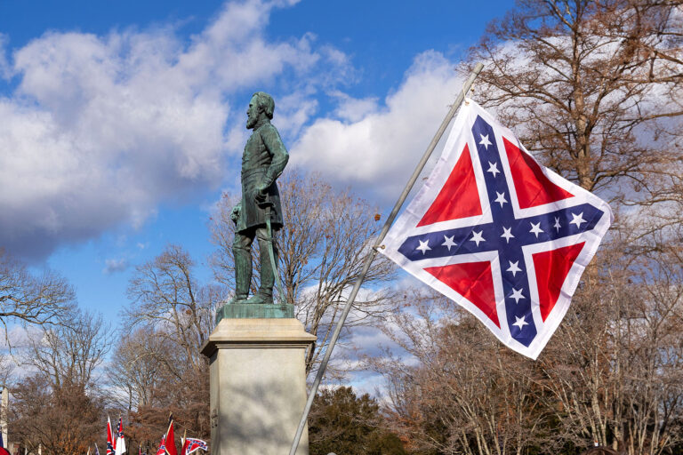Stonewall Jackson's grave in Oak Grove Cemetery during Lee-Jackson Day celebrations in Lexington, Virginia, on January 13, 2024. (RYAN M. KELLY/AFP via Getty Images)