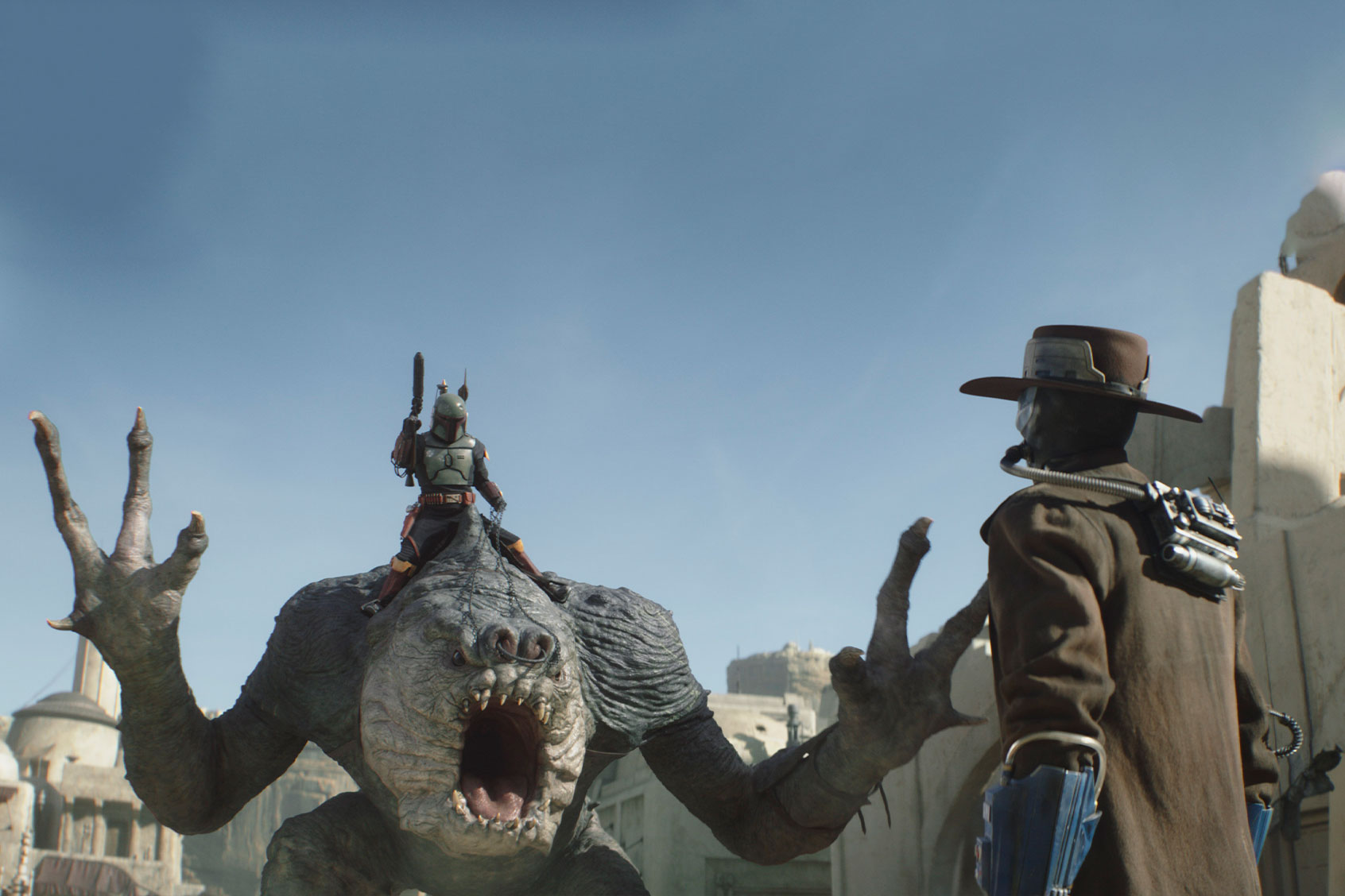 The rancor, Boba Fett (Temuera Morrison) and Cad Bane (voice Corey Burton, performance Dorian Kingi) in "The Book of Boba Fett" (Lucasfilm/Disney+)